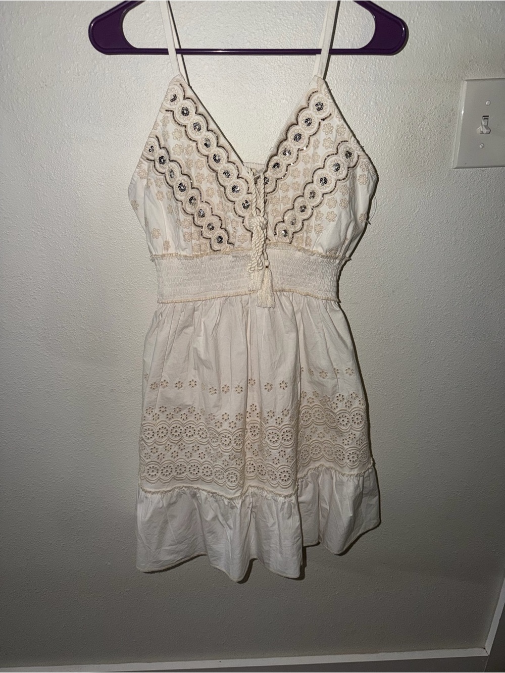 POL Cream Eyelet and Embellshed Mini Dress with Adjustable Spaghetti Straps